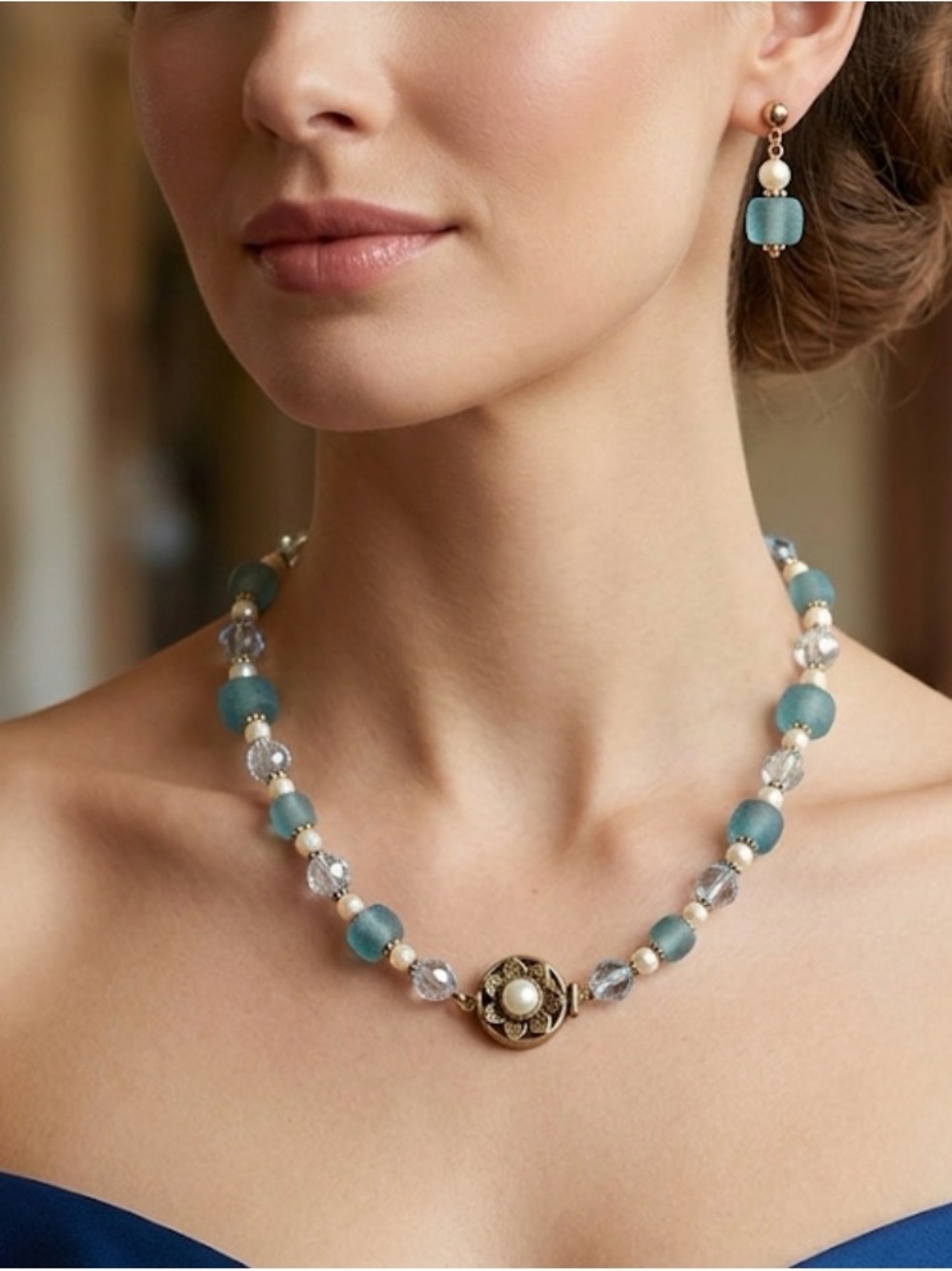 Seafoam Blue Beaded Necklace with Pearl Accent and Earrings